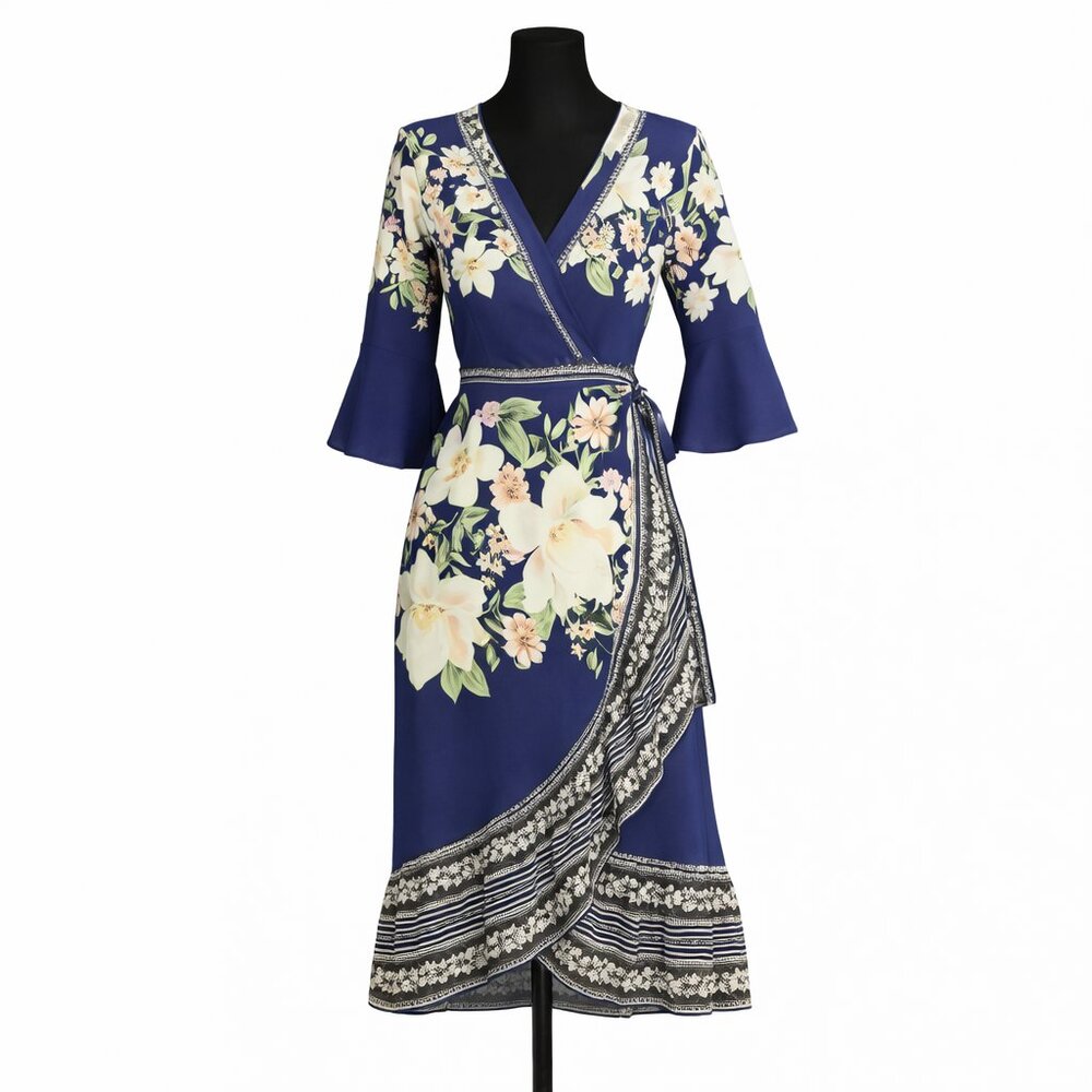 Farm Rio Anthropologie Midnight Flower Ruffle Wrap Dress XS Floral Tropical